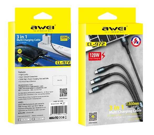 887769-1 Καλώδιο φόρτισης & data 3in1 - Fast Charge - CL-972 - 1.2m - AWEI - 888155 - Black - Image 2