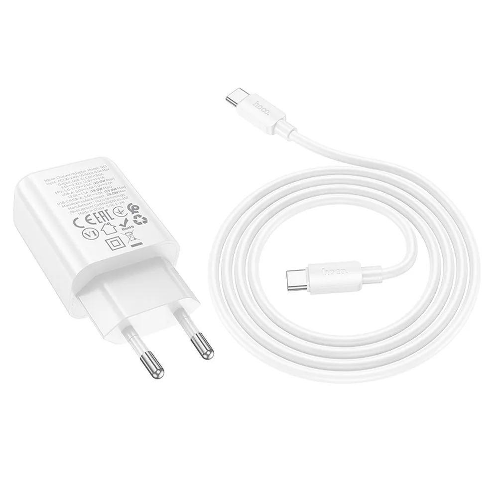 HOCO-N61-φορτιστής-ταξιδίου-USB-A-Type-C-καλώδιο-Type-C-σε-Type-C-PD-QC3.0-3A-20W-λευκό2 HOCO N61 φορτιστής ταξιδίου USB-A + Type-C + καλώδιο Type-C σε Type-C, PD QC3.0, 3A 20W, λευκό - Image 2