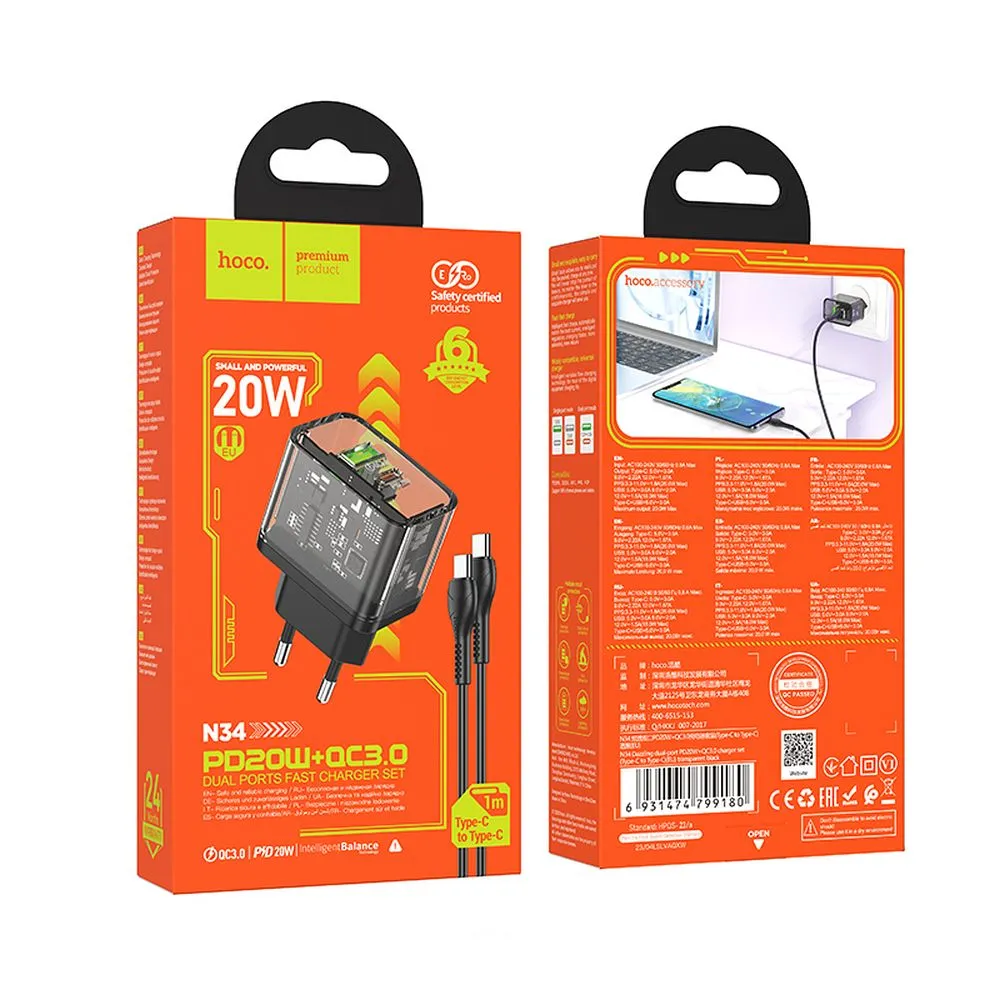 Hoco-N34-φορτιστής-ταξιδιού-υποδοχές-USB-A-και-USB-C-20W-διάφανο-καλώδιο-USB-C-σε-USB-C-2 Hoco N34 φορτιστής ταξιδιού, υποδοχές USB-A και USB-C, 20W, διάφανο + καλώδιο USB-C σε  USB-C - Image 2