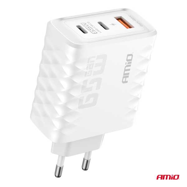 04289_AM_2 ΦΟΡΤΙΣΤΗΣ ΜΕ ΟΙΚΙΑΚΗ ΠΡΙΖΑ ΜΕ 3 ΘΥΡΕΣ 2xUSB-C+USB-A 65W 100-240V ΛΕΥΚΟ AMIO - 1 Τεμ. - Image 2
