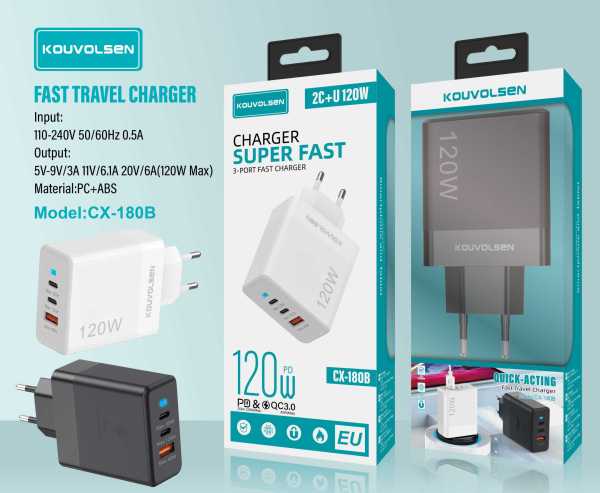 11230ee4d5d5155ee4bed4f5536441eb Αντάπτορας φόρτισης Fast Charge με 3 θύρες USB-A & Type-C - 120W - CX-180B - 271801 - White - Image 2