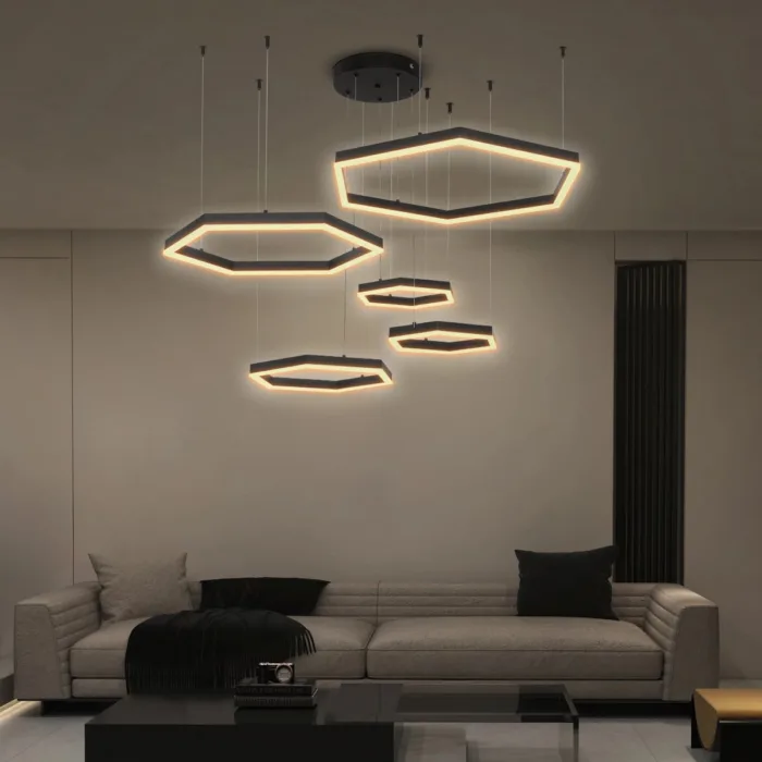 kelvo® LEXAGON 61397 Μοντέρνο Κρεμαστό Φωτιστικό Οροφής LED 120W 12000lm 200° AC 220-240V IP20 Ρυθμιζόμενο Λευκό CCT με Χειριστήριο από 2700K έως 6000K Dimmable - Lumileds SMD Chip - Μαύρο - Μ110 x Π90 x Υ110cm - 3 Χρόνια Εγγύηση - Image 1
