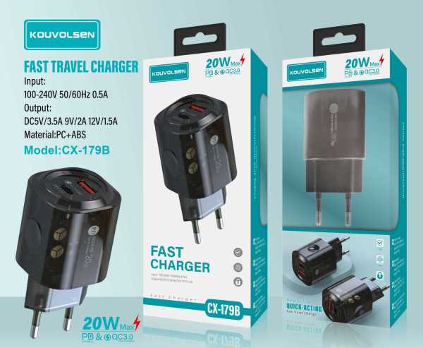 7d537a7f94adc1603e9f41849ab0f52a Αντάπτορας φόρτισης Fast Charge με 2 θύρες USB-A & Type-C - 20W - CX-179B - 271795 - Image 2