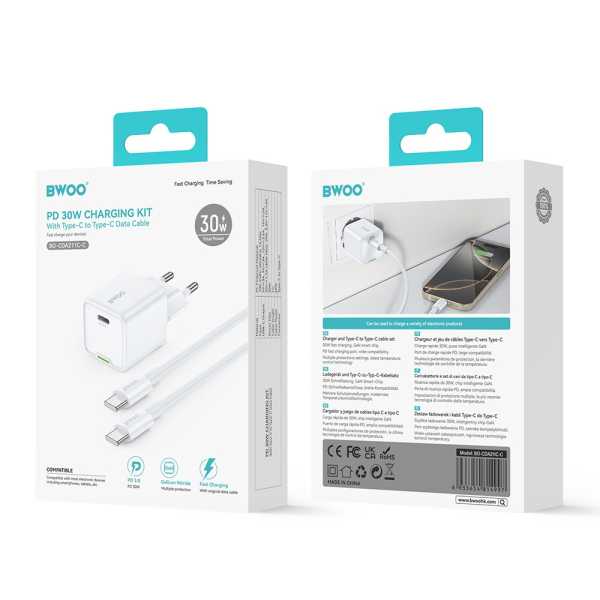 BWOO-BO-CDA211C-C-φορτιστής-ταξιδιού-30W-GaN-USB-C-PD-καλώδιο-USB-C-σε-USB-C-60W-άσπρο-2 BWOO BO-CDA211C-C φορτιστής ταξιδιού 30W, GaN, USB-C, PD + καλώδιο USB-C σε USB-C 60W, άσπρο - Image 2
