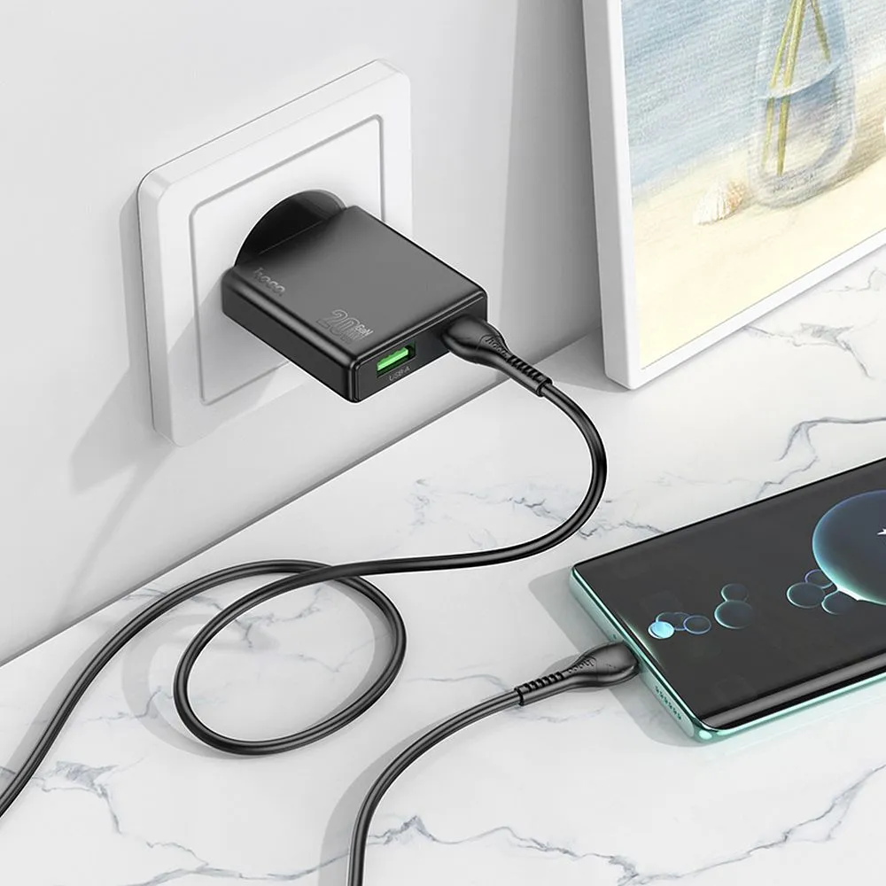 Hoco-N38-φορτιστής-ταξιδιού-20W-slim-1xUSB-A-1xUSB-C-PD-QC3.0-3A-μαύρο-2 Hoco N38 φορτιστής ταξιδιού, 20W, slim, 1xUSB-A, 1xUSB-C, PD, QC3.0, 3A, μαύρο - Image 2