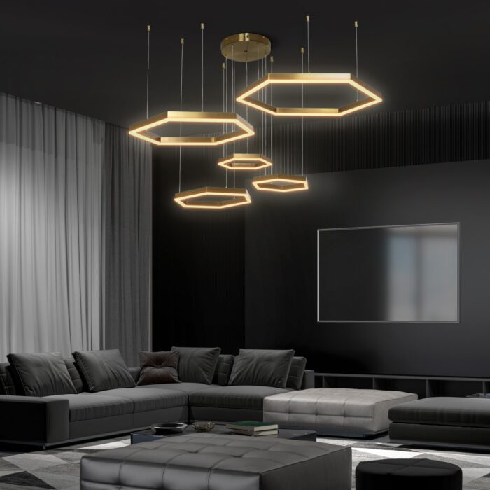 kelvo® LEXAGON 61398 Μοντέρνο Κρεμαστό Φωτιστικό Οροφής LED 120W 12000lm 200° AC 220-240V IP20 Ρυθμιζόμενο Λευκό CCT με Χειριστήριο από 2700K έως 6000K Dimmable - Lumileds SMD Chip - Χρυσό Βούρτσας - Μ110 x Π90 x Υ110cm - 3 Χρόνια Εγγύηση - Image 1