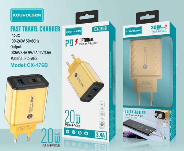 c664216526a63483e2eb9687c1a56291 Αντάπτορας φόρτισης Fast Charge με 2 θύρες USB-A & Type-C - 20W - CX-176B - 271764 - Image 2