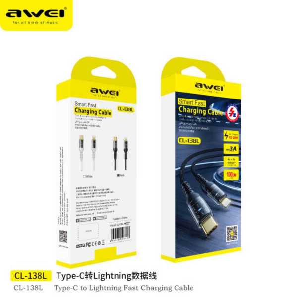 fcca3e75284660d07fc99f79d8042596 Καλώδιο φόρτισης & data - Type-C σε Lightning - 20W - 1m - CL-138L - AWEI - 003537 - Image 2