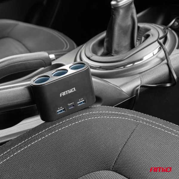 04361_AM_2 ΑΝΤΑΠΤΟΡΑΣ ΑΝΑΠΤΗΡΑ 12/24V 120W ΜΑΥΡΟΣ/3 ΘΕΣΕΙΣ/2xUSB-A+1xUSB-C ΤΑΧΕΙΑΣ ΦΟΡΤΙΣΗΣ/ΚΑΛΩΔΙΟ 70cm AMIO - 1 Τεμ. - Image 2