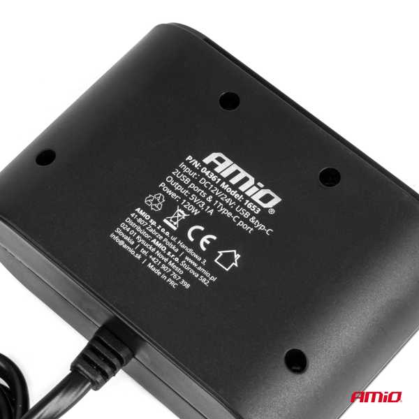 04361_AM_5 ΑΝΤΑΠΤΟΡΑΣ ΑΝΑΠΤΗΡΑ 12/24V 120W ΜΑΥΡΟΣ/3 ΘΕΣΕΙΣ/2xUSB-A+1xUSB-C ΤΑΧΕΙΑΣ ΦΟΡΤΙΣΗΣ/ΚΑΛΩΔΙΟ 70cm AMIO - 1 Τεμ. - Image 5