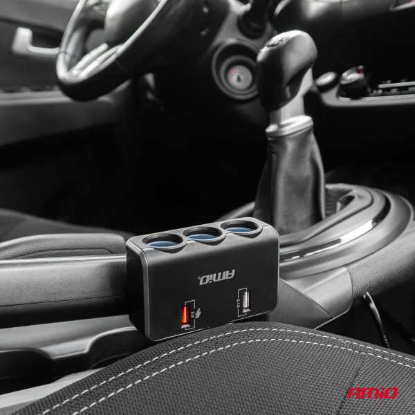 04364_AM_2 ΑΝΤΑΠΤΟΡΑΣ ΑΝΑΠΤΗΡΑ 12/24V 120W ΨΗΦΙΑΚΟΣ ΜΑΥΡΟΣ/3 ΘΕΣΕΙΣ/2xUSB-A QC 3.0  ΜΕ ΚΑΛΩΔΙΟ 80cm AMIO - 1 Τεμ. - Image 2