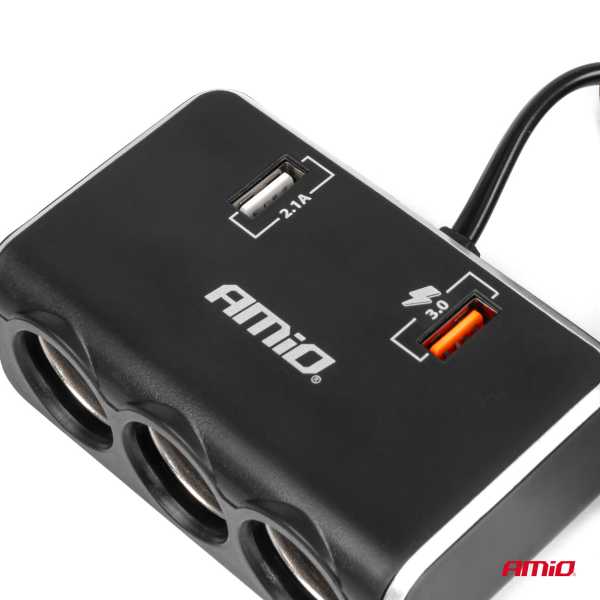 04364_AM_6 ΑΝΤΑΠΤΟΡΑΣ ΑΝΑΠΤΗΡΑ 12/24V 120W ΨΗΦΙΑΚΟΣ ΜΑΥΡΟΣ/3 ΘΕΣΕΙΣ/2xUSB-A QC 3.0  ΜΕ ΚΑΛΩΔΙΟ 80cm AMIO - 1 Τεμ. - Image 6