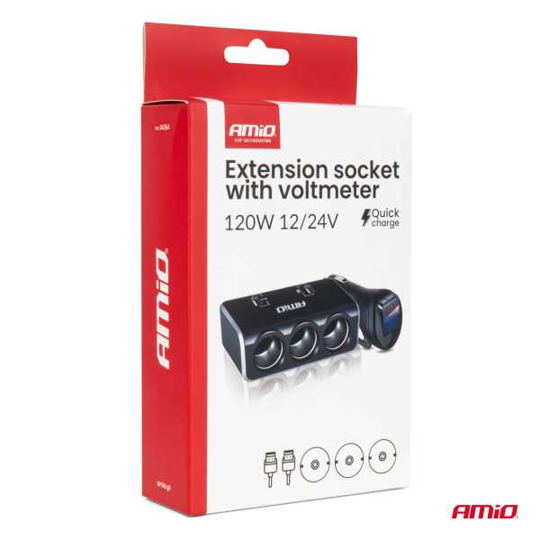 04364_AM_8 ΑΝΤΑΠΤΟΡΑΣ ΑΝΑΠΤΗΡΑ 12/24V 120W ΨΗΦΙΑΚΟΣ ΜΑΥΡΟΣ/3 ΘΕΣΕΙΣ/2xUSB-A QC 3.0  ΜΕ ΚΑΛΩΔΙΟ 80cm AMIO - 1 Τεμ. - Image 8