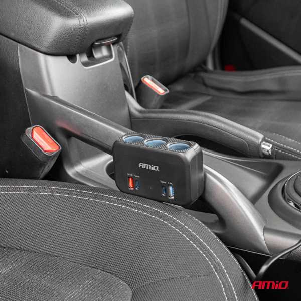 04365_AM_2 ΑΝΤΑΠΤΟΡΑΣ ΑΝΑΠΤΗΡΑ 12/24V 120W ΜΑΥΡΟΣ/3 ΘΕΣΕΙΣ/1xUSB-A+1xUSB-C QC 4.0 ΤΑΧΕΙΑΣ ΦΟΡΤΙΣΗΣ/ΚΑΛΩΔΙΟ 80cm AMIO - 1 Τεμ. - Image 2