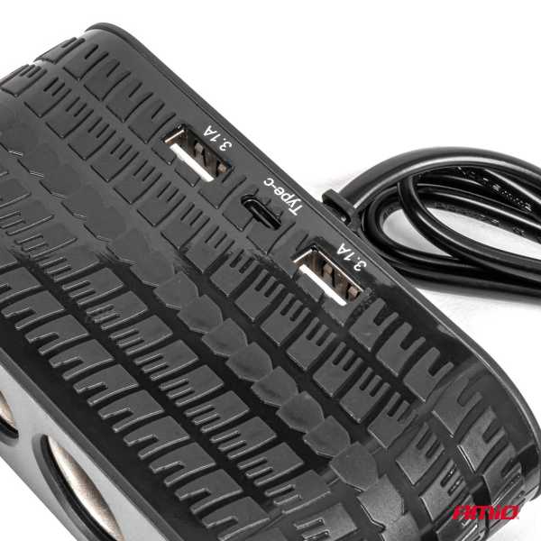 04367_AM_4 ΑΝΤΑΠΤΟΡΑΣ ΑΝΑΠΤΗΡΑ 12/24V 120W ΜΑΥΡΟΣ - 4 ΘΕΣΕΙΣ - 2xUSB-A + 1xUSB-C - ΚΑΛΩΔΙΟ 80cm AMIO - 1 Τεμ. - Image 4