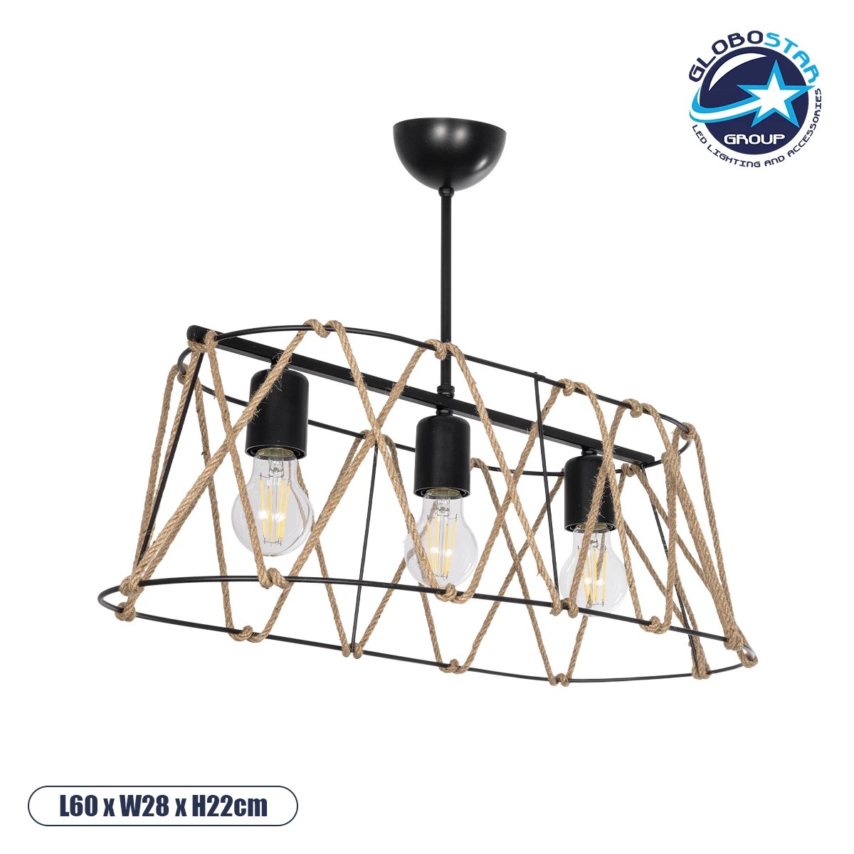 GLOBOSTAR® GATSBY 203-0006 Vintage Κρεμαστό Φωτιστικό Οροφής με Ντουί 3 x E27 AC 220-240V IP20 - Μαύρο & Μπεζ - Μ60 x Π28 x Υ22cm