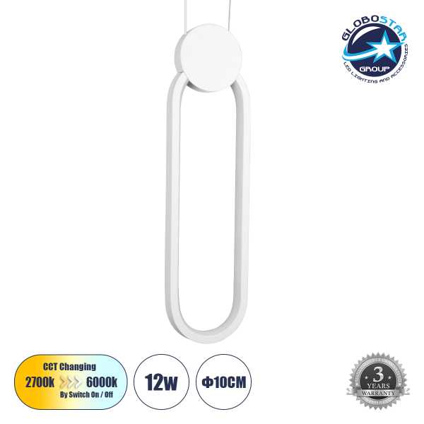 GLOBOSTAR® ILDI 61089 Μοντέρνο Κρεμαστό Φωτιστικό Οροφής LED 12W 1440lm 300° AC 220-240V IP20 Ρυθμιζόμενο Λευκό CCT με On/Off 2700K/4500K/6000K - Lumileds SMD Chip - Λευκό Ματ - Μ10 x Π2.3 x Υ38cm - 3 Χρόνια Εγγύηση