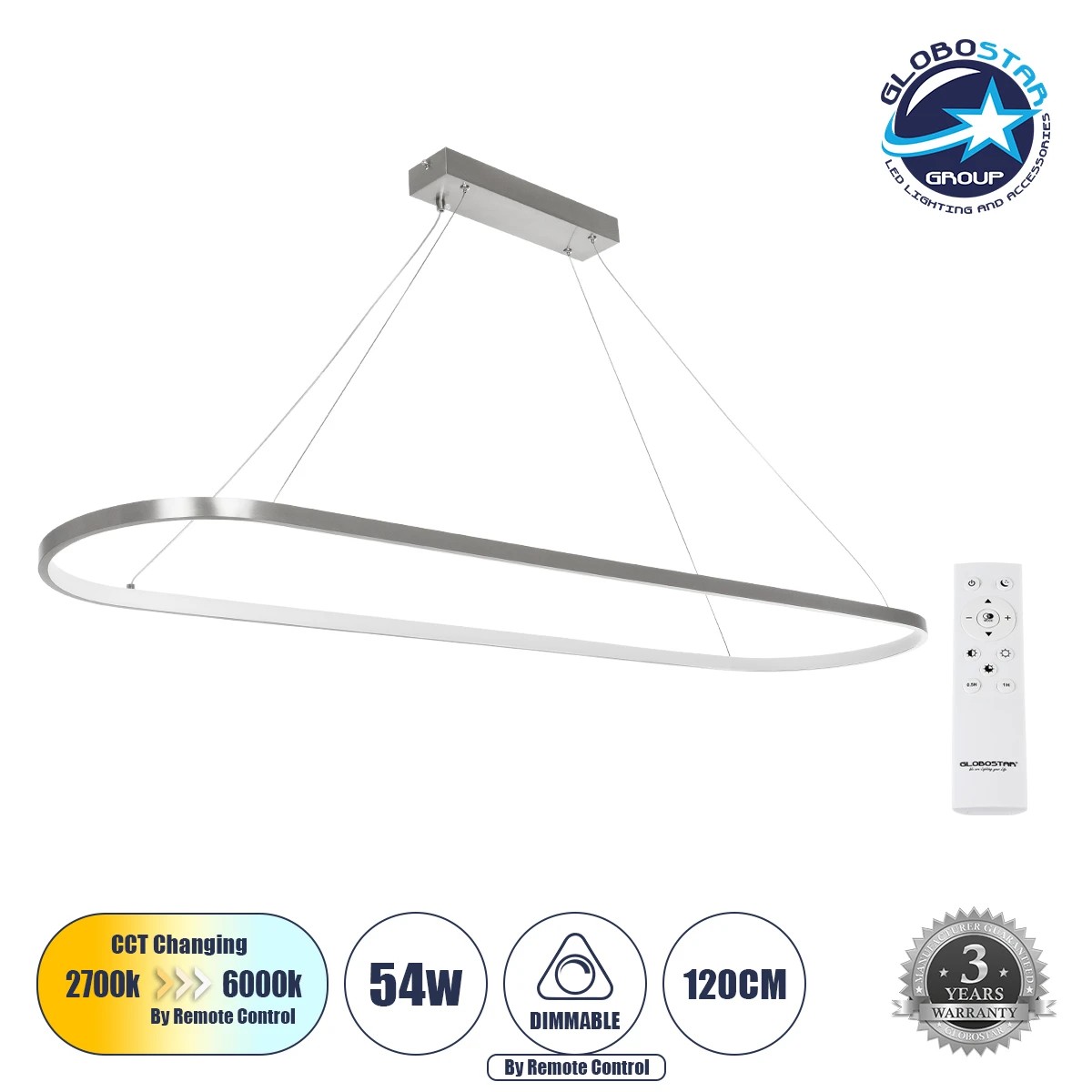 GLOBOSTAR® BOLIVAR 61273 Μοντέρνο Κρεμαστό Φωτιστικό Οροφής LED 54W 6210lm 360° AC 220-240V IP20 Ρυθμιζόμενο Λευκό CCT με Χειριστήριο από 2700K έως 6000K Dimmable - Lumileds SMD Chip - Νίκελ Βούρτσας - Μ120 x Π30 x Υ2cm - 3 Χρόνια Εγγύηση