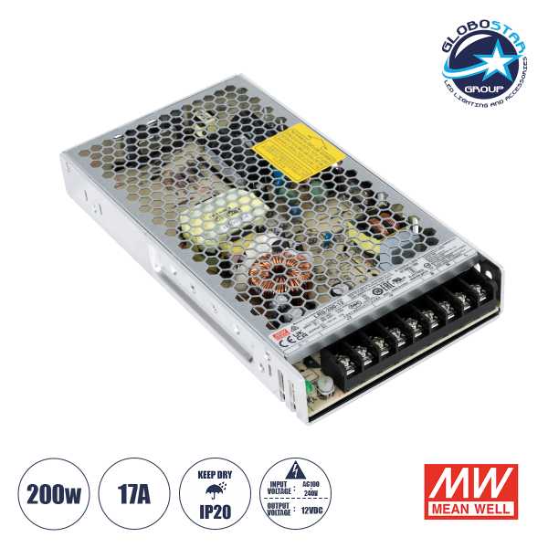 GLOBOSTAR® MEANWELL-LRS200-12 90782 Τροφοδοτικό/Μετασχηματιστής PELV 200W 17A DC 12V IP20 - AC 220-240V σε DC 12V / Ρυθμιζόμενo από DC 10.2V έως DC 13.8V - Μ21.5 x Π11.5 x Υ3cm - 3 Χρόνια Εγγύηση