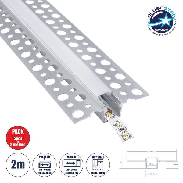 GLOBOSTAR® ALP-PLASTERIN GYPSO 70838-2M Χωνευτό Προφίλ Αλουμινίου Ειδικό για Γυψοσανίδα με Λευκό Γαλακτερό Πατητό Κάλυμμα για Ταινίες LED IP20 - Ασημί & Λευκό - Μ200 x Π5.6 x Υ1.3cm - Πακέτο 5 Τεμαχίων
