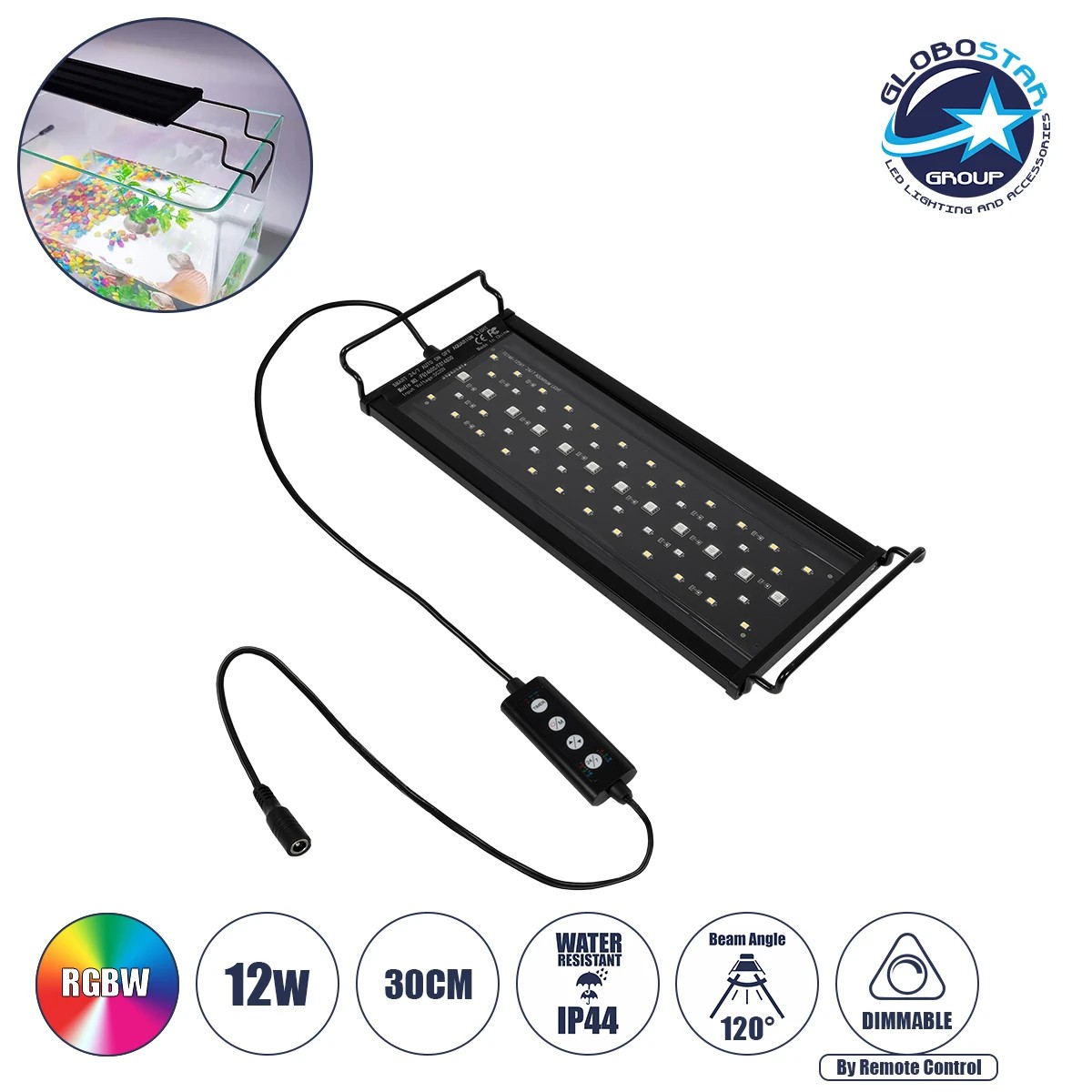 GLOBOSTAR® AQUARIUS 79678 Φωτιστικό Ενυδρείου με Ενσωματωμένο Χειριστήριο LED 12W 600lm 120° AC 220-240V Αδιάβροχο IP44 Πολύχρωμο RGBW Dimmable - Sanan SMD Chip - Μαύρο - Μ30 x Π11 x Υ3cm - 2 Χρόνια Εγγύηση
