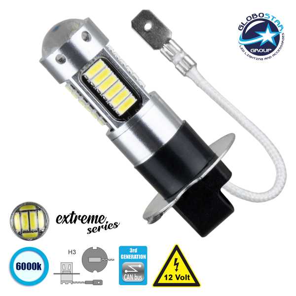 GLOBOSTAR® H3 81412 Λάμπα H3 CANbus LED 9W 1080lm 360° DC 12V IP20 Ψυχρό Λευκό 6000K - 30 x Epistar SMD4014 Chip - Μ2.2 x Π2.1 x Υ4.6cm - 1 Χρόνο Εγγύηση