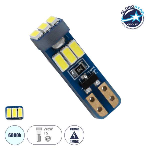 GLOBOSTAR® W5W-T10 81467 Λάμπα W5W T5 LED 0.8W 140lm 360° DC 12V IP20 Ψυχρό Λευκό 6000K - 9 x Epistar SMD3014 Chip - Μ0.5 x Π0.4 x Υ1.8cm - 1 Χρόνο Εγγύηση