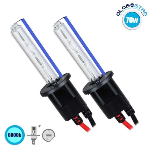 GLOBOSTAR® HID 84011 Λάμπα Xenon H1 Super Vision Υψηλής Φωτεινότητας +30% 35W/70W 3500lm/7000lm 360° DC 12-24V Αδιάβροχο IP65 Ultra Ψυχρό Λευκό 8000K - Μ2.3 x Π2 x Υ7.1cm - Πακέτο 2 Τεμαχίων - 2 Χρόνια Εγγύηση