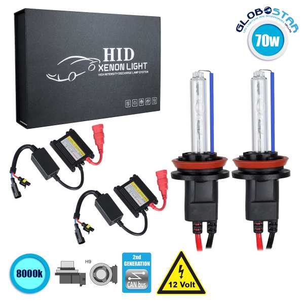 GloboStar® 84116 H9 CB Line KIT Βασικού Φωτισμού Αυτοκινήτου & Μοτοσυκλέτας 2nd Generation Can-Bus Series XENON 70W 6400lm DC 9-16V Αδιάβροχο IP65 Ψυχρό Λευκό 8000K