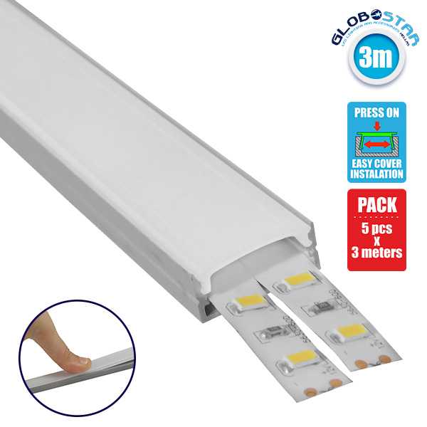 GLOBOSTAR® ALP-LINEAR ALIENA 70809-3M Επιφανειακό Προφίλ Αλουμινίου με Λευκό Γαλακτερό Πατητό Κάλυμμα για Ταινίες LED IP20 - Ασημί & Λευκό - Μ300 x Π2.4 x Υ1.1cm - Πακέτο 5 Τεμαχίων